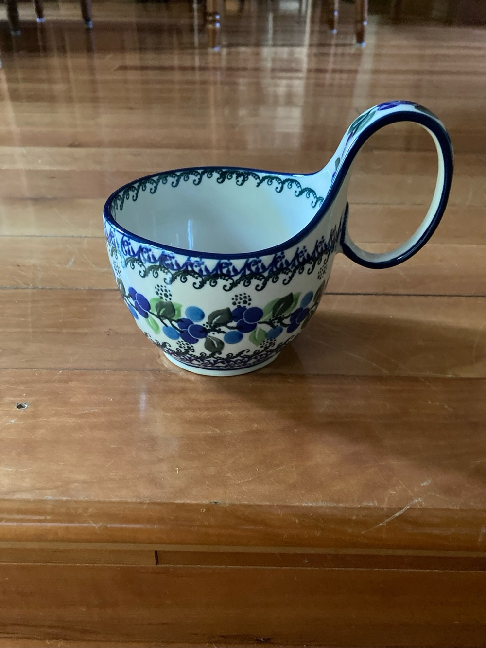 Polish pottery Blue Floral Ceramic Loop Handle bowl hand made on Poland 4”